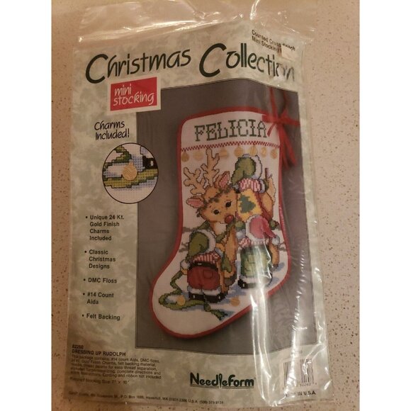 Christmas Stocking Kit Counted Cross Stitch Rudolph and Elves 24k Mini Charmable - Picture 1 of 9